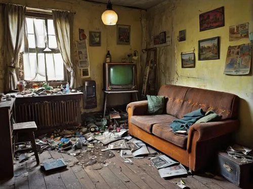 abandoned room,the living room of a photographer,squalor,livingroom,sitting room,living room,appartement,urbex,danish room,computer room,zaal,kamer,abandono,great room,luxury decay,an apartment,television,destroyed area,empty interior,tv set,Illustration,Retro,Retro 19