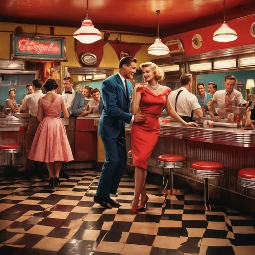 Write a boogie woogie dance scene in a vibrant 1950s diner.,retro diner,fifties,50's style,fifties records,valentine day's pin up,vintage 1950s,soda fountain,retro pin up girls,rockabilly,vintage man 