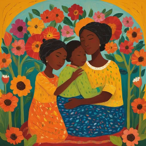 mother with children,mother and children,the mother and children,afro american girls,little girl and mother,three flowers,khokhloma painting,flower painting,bouquets,african daisies,mother's day,parents with children,happy mother's day,bright flowers,indigenous painting,carol colman,motherhood,mother with child,mothersday,anmatjere women,Art,Artistic Painting,Artistic Painting 25