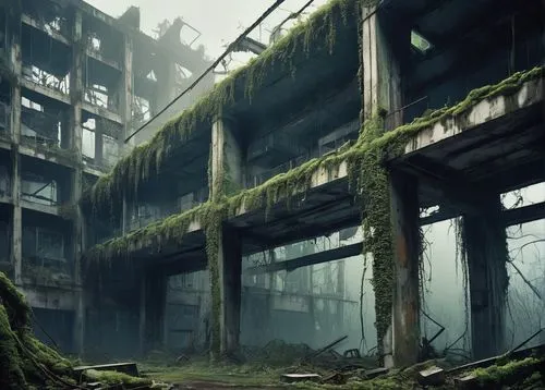 abandoned place,lost place,abandoned places,industrial ruin,lostplace,derelict,abandoned,post-apocalyptic landscape,dereliction,lost places,overgrowth,environments,post apocalyptic,abandoned factory,ruins,disused,ruin,decay,hashima,wasteland,Conceptual Art,Sci-Fi,Sci-Fi 06