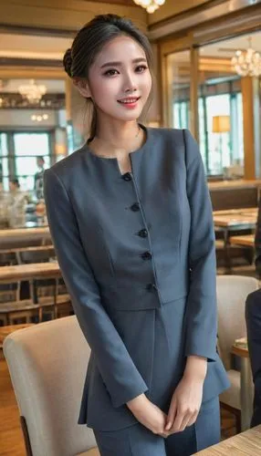 business woman,businesswoman,waitress,business girl,bussiness woman,chef's uniform,flight attendant,korean royal court cuisine,asian woman,sales person,receptionist,vietnamese,stewardess,fine dining restaurant,concierge,restaurants online,waiting staff,japanese woman,woman at cafe,vietnamese woman,Female,East Asians,Double Bun,Youth adult,M,Happy,Tailored Suit,Indoor,Restaurant