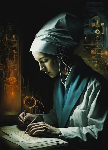 transistor,sci fiction illustration,girl studying,clockmaker,transistor checking,watchmaker,girl at the computer,theoretician physician,physician,scholar,meticulous painting,researcher,women in technology,candlemaker,game illustration,female doctor,midwife,divination,cryptography,seamstress,Illustration,Realistic Fantasy,Realistic Fantasy 29