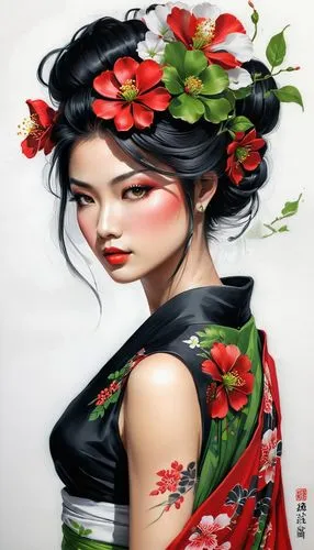 geisha girl,japanese art,geisha,oriental painting,sichuanese,japanese floral background,oiran,flower painting,oriental girl,oriental princess,arhats,floral japanese,wenhao,cheongsam,oriental,japanese woman,geishas,viveros,the plum flower,plum blossom,Conceptual Art,Fantasy,Fantasy 03