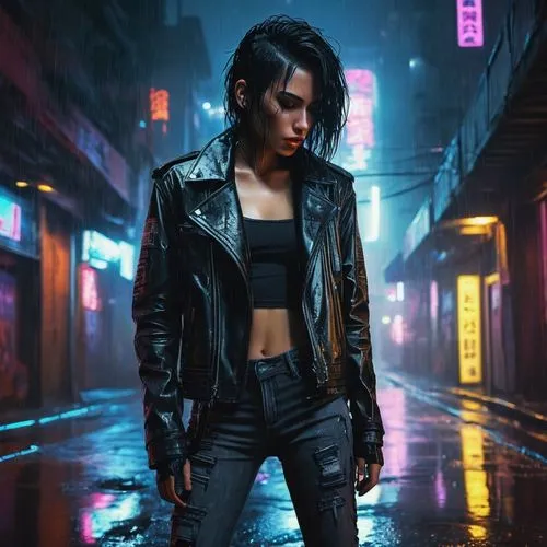 cyberpunk,renegade,femme fatale,in the rain,leather jacket,jacket,punk,katana,terminator,grunge,walking in the rain,bangkok,urban,bolero jacket,dystopian,weather-beaten,neon lights,hk,hong kong,futuristic,Conceptual Art,Daily,Daily 14