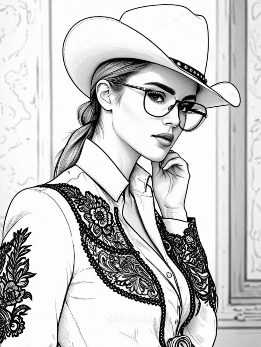 a drawing of a woman in a cowboy hat and glasses,bayonetta,roderich,hanji,wesker,cogburn,the hat-female,Design Sketch,Design Sketch,Black and white Comic