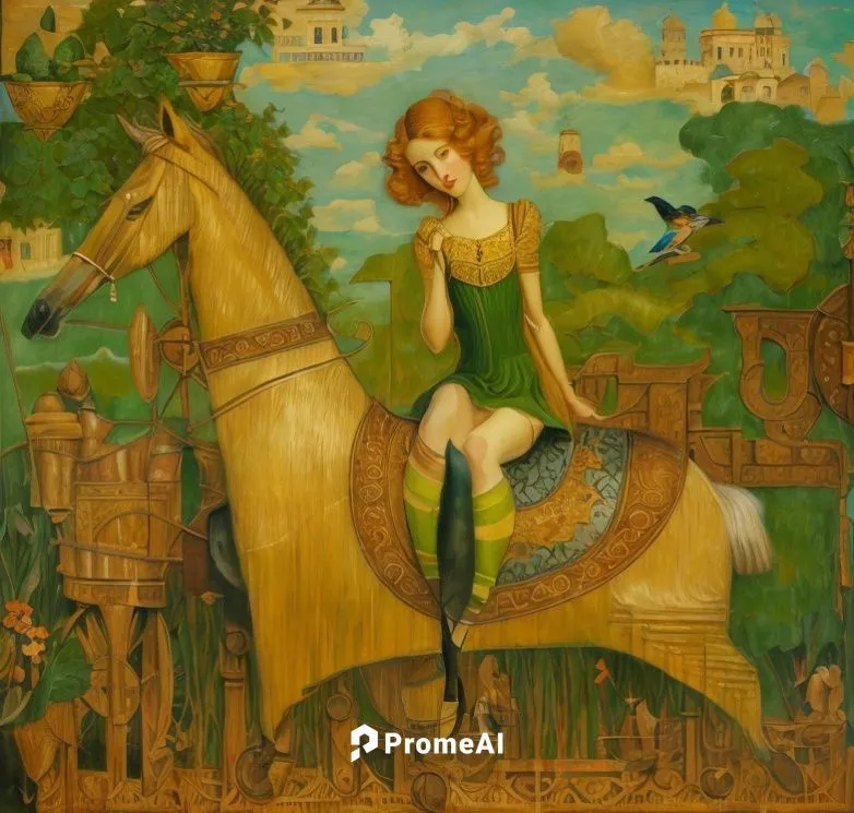 ((woman sitting facing us on a large rough wooden toy horse on iron wheels))++++, ((figurative art))++++++ ((Art Nouveau fresco))++++, (( a sitting woman facing us, in a green dress, legs in striped s