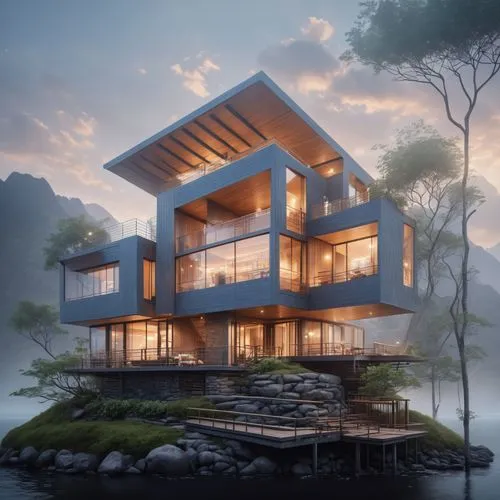 cube stilt houses,house by the water,dunes house,3d rendering,modern house,cubic house,modern architecture,floating huts,stilt house,house with lake,stilt houses,house in mountains,timber house,eco-co