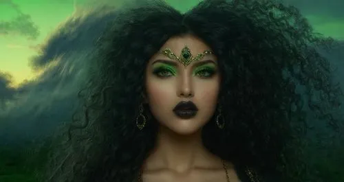 
 nude Beautiful arab girl, full dark curly hair, big green eyes, full black lips, misty sky,a digital painting of a young woman with dark hair,gothel,dryad,tuatha,celtic queen,miss circassian,enchant