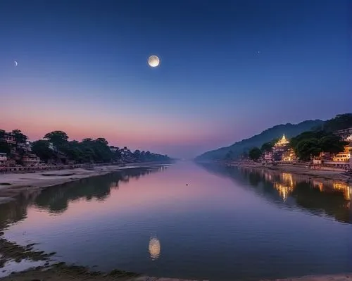 Ganges River over the Moon at dawn with two eclipses in the sky,rishikesh,pushkar,vijayawada,banaras,mahanadi,rajasthan,brahmaputra,ajmer,karwar,haridwar,vishakhapatnam,visakhapatnam,bhimtal,godavari,