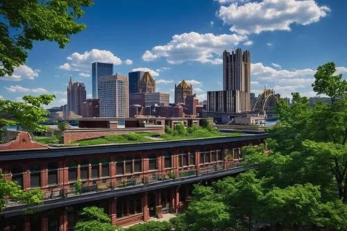 Pittsburgh cityscape, modern skyscraper, steel and glass exterior, sleek lines, angular structure, rooftop garden, bustling downtown area, Allegheny River waterfront, sunny day, clear blue sky, few pu