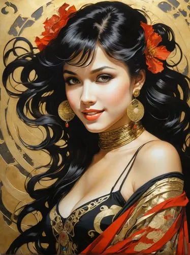 oriental princess,oriental girl,geisha girl,oriental painting,jasmine,fantasy art,chinese art,tiger lily,vietnamese woman,jasmine blossom,polynesian girl,gold filigree,asian woman,geisha,orientalism,gold foil art,oriental,fantasy portrait,comely,fairy tale character,Illustration,Retro,Retro 13