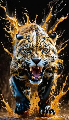 Cinematographic poster of a fierce hyperrealistic jaguar (Panthera onca), stylized, masterful, imponent Jaguar (Panthera onca specie, on all fours showing fangs) on all fours, golden and black color w