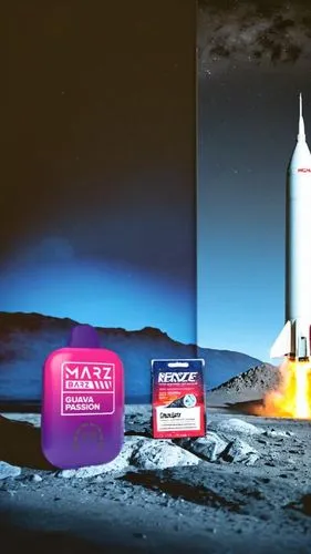 Create an image featuring a product placed on a rock on the moon. In the background, include a rocket about to take off. The scene should depict the vast, barren lunar landscape with the Earth visible