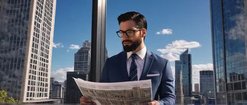 Modern architect, male, 35yo, glasses, short black hair, beard, white shirt, dark blue suit, tie, holding blueprint, standing, skyscraper, cityscape, sunny day, clouds, concrete structure, steel beams