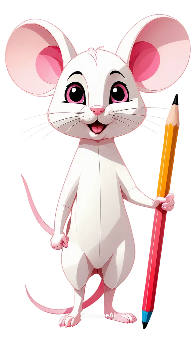 Simple line drawing, mice, cartoon style, cute expression, big eyes, small nose, pointed ears, white body, pink ears, tail long and thin, standing on hind legs, holding a tiny pencil, sketchbook under