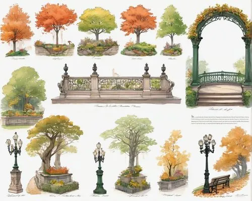 decorative fountains,paris clip art,railings,ornamental dividers,gateposts,metasequoia,foliage coloring,light posts,illustrations,garden statues,background design,central park,obelisks,autumn trees,tuileries garden,topiaries,studies,columned,gardens,ornamental shrubs,Unique,Design,Character Design