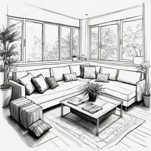 A black and white sketch depicting a cozy interior scene focused on a living room setting. It features a daybed with scattered cushions, flanked by a large window on the right and a potted plant on th