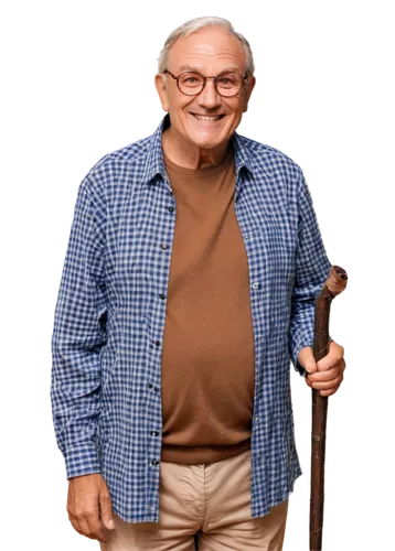 Elderly man, aged 70-80, wrinkled face, grey hair, bushy eyebrows, thick glasses, warm smile, gentle eyes, casual wear, checkered shirt, brown trousers, walking stick, standing, natural pose, soft lig