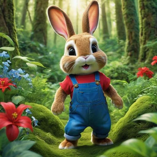 peter rabbit,cartoon rabbit,cartoon bunny,bunny on flower,filbert,lapine,hoppity,bunni,jack rabbit,hare trail,forest background,sylbert,brown rabbit,children's background,rabbet,babbit,wabbit,forest animal,dobunni,cute cartoon character,Photography,General,Realistic