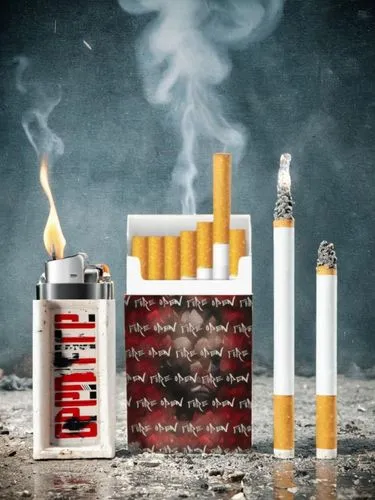 Cigarette Display, Red and white color scheme,  realistic, grunge, gritty, cinematic, apocalyptic, "OPEN FIRE" Cigarette pack, realistic, fire, burnt, smoke, ashes,,cigarette box,cigarettes,cigarettes