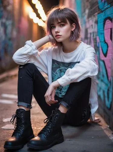 anime japanese clothing,girl sitting,girl in t-shirt,fashionable girl,isolated t-shirt,girl portrait,grunge,harajuku,photo session at night,punk,maimi fl,portrait photography,girl in overalls,bolero jacket,young model,street fashion,girl in a long,city ​​portrait,urban,anime girl,Illustration,Retro,Retro 24