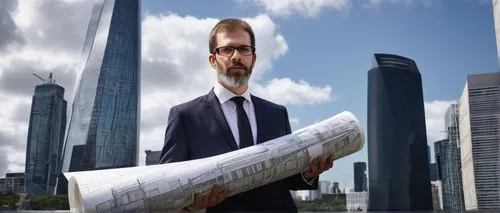 Andrew Fell, architecture design associate, middle-aged man, glasses, short brown hair, beard, formal wear, white shirt, black tie, dark blue suit, holding a roll of architectural drawings, standing i