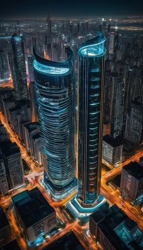 Futuristic 4G architecture, sleek modern skyscraper, glass and steel structure, curved lines, neon lights, cityscape, metropolitan, towering high-rise buildings, bustling streets, night scene, vibrant