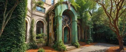 нейроны,there is a building that has vines growing on it,forest chapel,rivendell,portmeirion,naples botanical garden,carolwood,mcnay