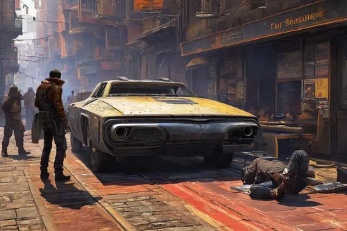 street scene,street canyon,automobile repair shop,auto repair shop,junkyard,concept art,game illustration,car repair,car mechanic,post apocalyptic,auto repair,fallout4,game art,the wreck of the car,street cleaning,narrow street,street life,rusty cars,junk yard,world digital painting,Art,Classical Oil Painting,Classical Oil Painting 32