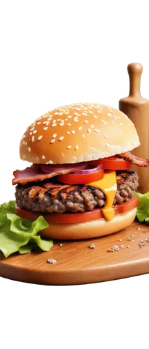 Sizzling meat, juicy burger patty, sesame seed buns, melted cheese, crispy bacon strips, lettuce, tomato, red onion, wooden cutting board, stainless steel kitchen utensils, shallow focus, warm lightin