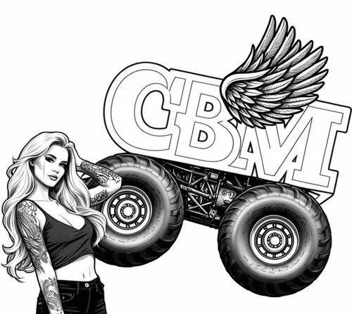 a logo with wings, on monster truck wheels. a beautiful tattooed woman. ,cbw,cbwt,cybil,cwi,cwb,scbwi,cadi,cbt,cgw,cwd,cwt,ctw,ctb,cwbs,cklw,cwr,csw,chev,cbsi,cwa,Design Sketch,Design Sketch,Black and