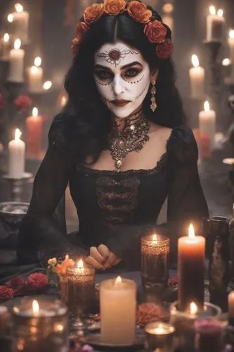 Beautifully Mexican woman, black dress suit, dirty clothes, bones, ghost and deads, villain vibes, from Mexico. Día de los Muertos in Mexico, how the movie Coco, Mexican tradition. Dark Knight. Candle