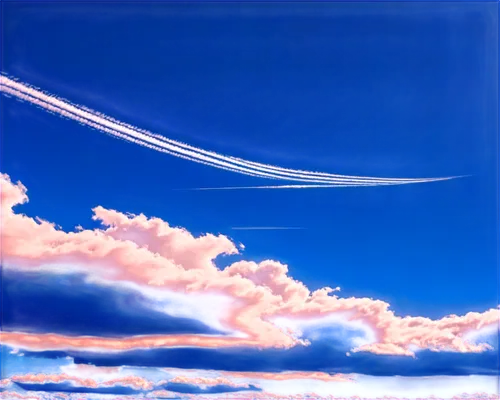 Cloudless blue sky, morning sunlight, fluffy white clouds, wispy cirrus clouds, sun rays, contrail, airplane trails, aerial view, panoramic composition, warm color tone, soft focus, shallow depth of f