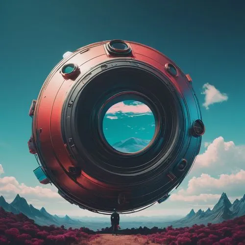 low-angle shot, wide lens, shallow depth of field.,a person is standing under an eyeball,little planet,lensball,porthole,360 °,fish eye,stereographic,hodas,lens reflection,aperture,camera illustration