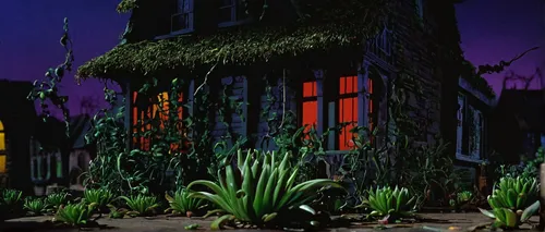 Create a horror movie plot centered around an enchanted houseleek.,witch house,witch's house,the haunted house,moonlight cactus,wizard of oz,haunted house,halloween decor,halloween scene,carnivorous p