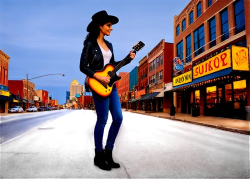 Nashville cityscape, sunset, warm golden light, country music inspired, guitar-shaped buildings, Broadway street, neon signs, nightlife, honky-tonk bars, cowboy hat, boots, jeans, leather jacket, urba