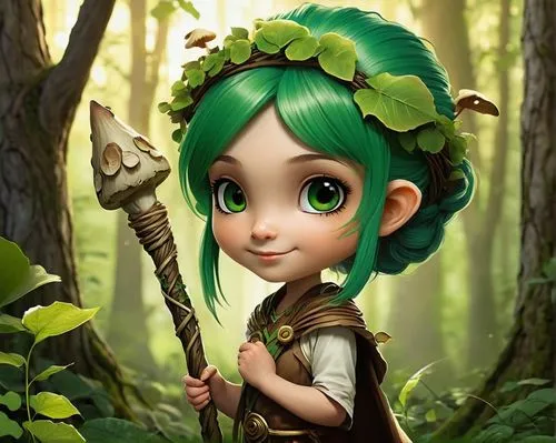 Chibi Druid, young girl, 10yo, petite, green hair, leaves on head, wooden staff, vines wrapping around arm, gentle smile, soft eyes, forest, sunbeam filtering through trees, mushrooms growing nearby, 