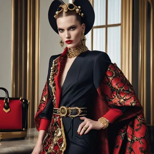 matador,schiaparelli,black-red gold,sobchak,knightley,imperial coat,audigier,noblewoman,aristocracy,emperatriz,aristocratic,demarchelier,mayoress,moschino,herodias,nero,ostentatious,traje,testino,moschini,Photography,General,Realistic