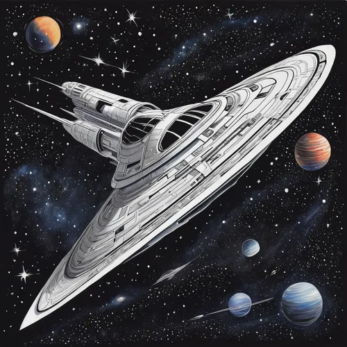 Draw a spaceship flying through the galaxy,starship,uss voyager,star ship,fast space cruiser,cardassian-cruiser galor class,sci fiction illustration,carrack,flagship,voyager,space ships,federation,int