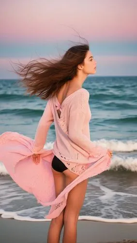 a photography of a caucasian girl 23 years old, brown hair, looking to sky wearing a pink sweater and black bikini stand up at sunset  in a beach whit the sea and weaves as background in 4k,a woman st