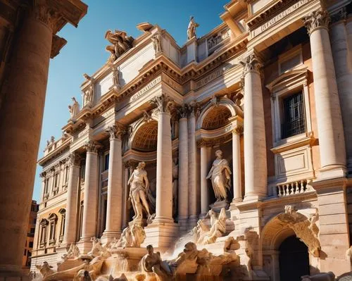 Ancient Roman architecture, Rome cityscape, grandeur historical buildings, ornate columns, arches, domes, marble texture, intricate carvings, Renaissance style, Baroque details, Trevi Fountain, Panthe