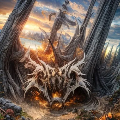 burning tree trunk,dragon tree,fantasy art,fantasy picture,forest dragon,scorched earth,dragon fire,3d fantasy,nine-tailed,gnarled,pillar of fire,destroy,firethorn,burning earth,forest fire,burnt tree