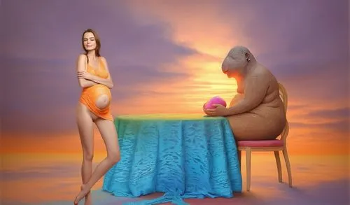 Beautiful pregnancy young womaan full nude very exotic and misty skyll ,a woman in an orange swim suit standing in front of a table with a large stuffed animal,surrealism,photomanipulation,surrealist,