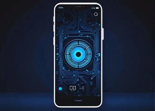 Minimalist lock screen, futuristic neon glow, intricate circuit board pattern, dark blue background, subtle gradient effect, glowing white lines, sleek modern font, clock display top center, date belo