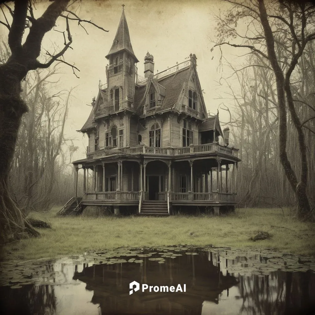 a creepy house in the middle of a swamp, a matte painting, inspired by Alexander Jansson, shutterstock, victorian house, southern gothic, photo of a beautiful, the style of andreas rocha, istock, scar