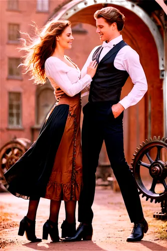 Falling couple, romantic, embracing, joyful expressions, flowing hair, soft makeup, elegant dress, white shirt, black pants, bare feet, gentle wind, soft sunlight, warm color tone, cinematic compositi