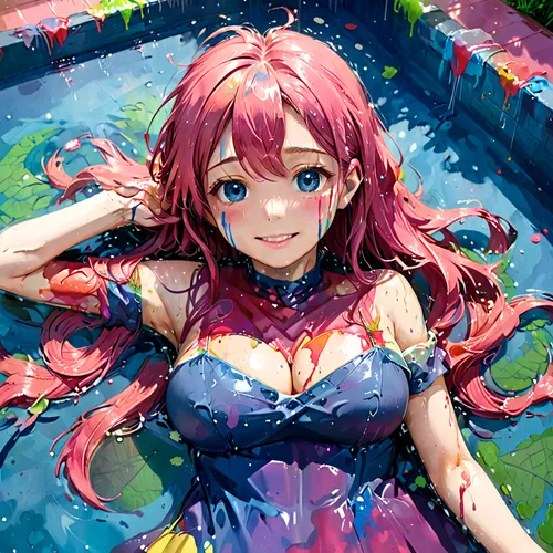 colorful water,summer floatation,water nymph,taking a bath,water bath,water rose,water splash,bathing fun,splashing,bath,swimming,wet girl,flower water,bathing,in water,water flower,jumping into the pool,under the water,swim ring,bathtub,Anime,Anime,Traditional