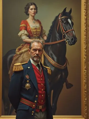 Count Karl stands at attention in front of the impressive equestrian portrait of his respectable African-born but Prussian girlfriend, Colonel-General Viktoria-Louise von Manteuffel.,a man in an elabo