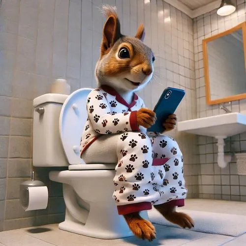 anthropomorphic 3d squirrel sitting on a water closet, wearing pyjamas with paw prints, going for a poop, and reading and iphone, background bathroom,alvin,peter rabbit,photo shoot in the bathroom,squ