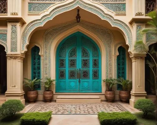 Traditional Indian-style villa, intricate stone carvings, ornate wooden doors, vibrant turquoise accents, grand entrance with arched gateways, symmetrical facade, lush greenery surrounding the buildin